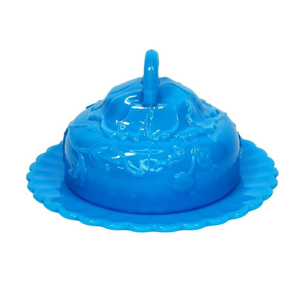 Vtg Round Butter Dish Blue Milk Glass Floral Vine 5.25" - Picture 4 of 15